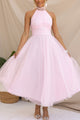 Blodwen | Women's Wedding Guest A-Line Midi Dress, Halter Neck, Short Sleeves