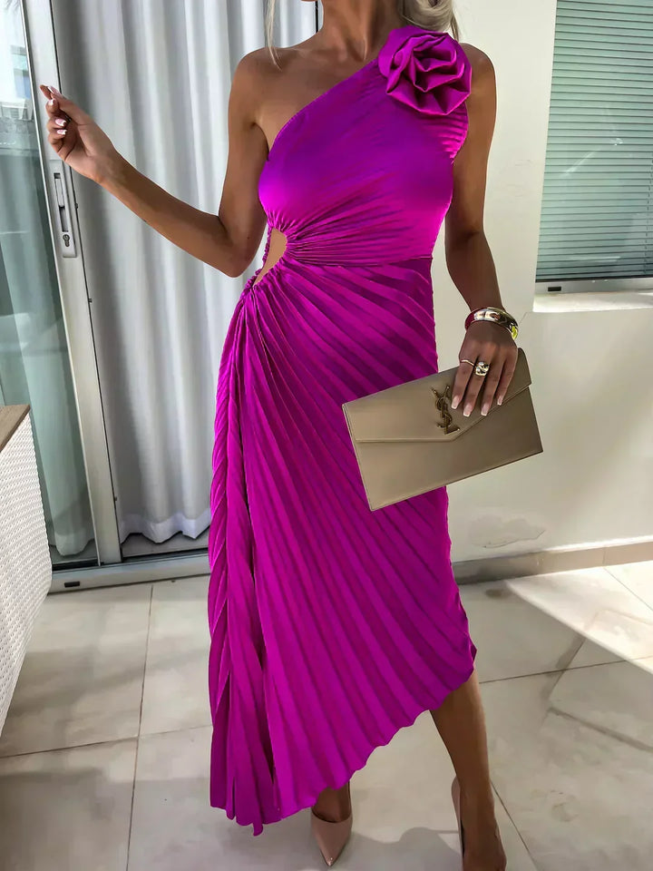 Guillemine pleated midi dress, off-shoulder, short sleeves