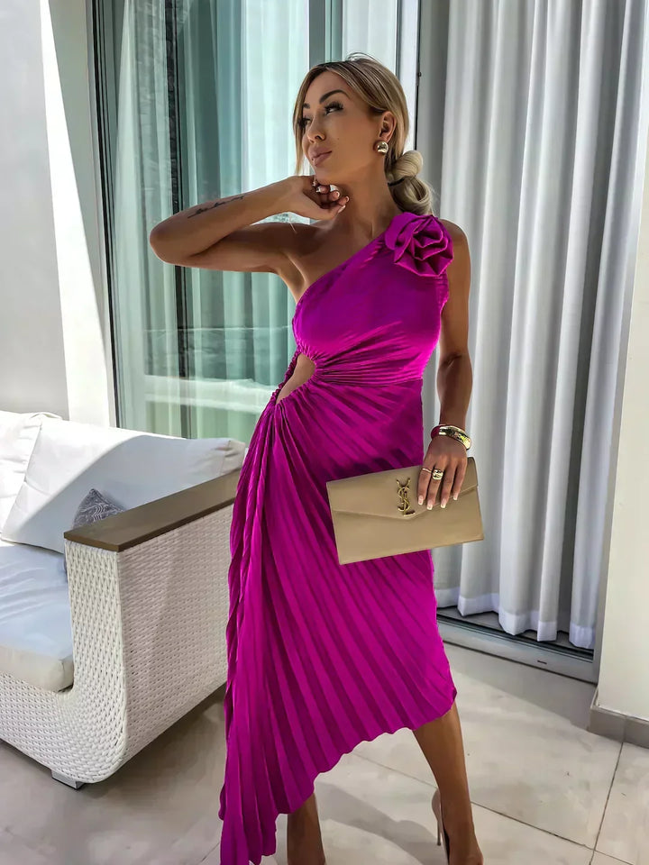 Guillemine pleated midi dress, off-shoulder, short sleeves