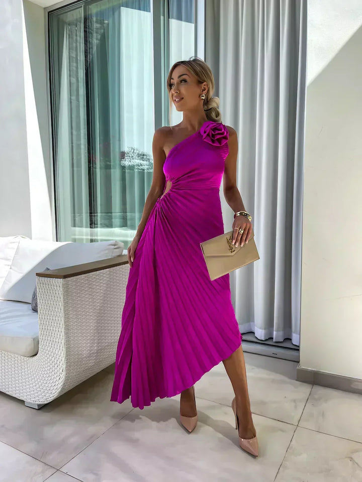 Guillemine pleated midi dress, off-shoulder, short sleeves