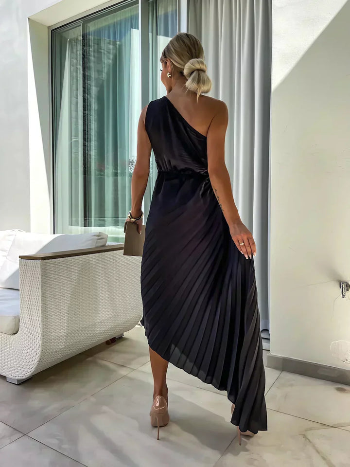 Guillemine pleated midi dress, off-shoulder, short sleeves