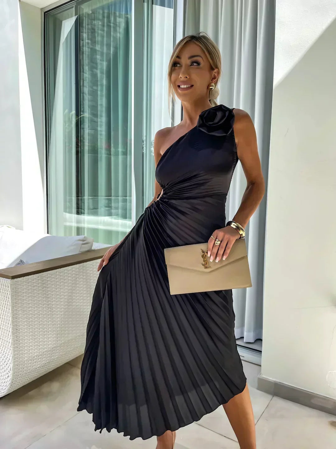 Guillemine pleated midi dress, off-shoulder, short sleeves