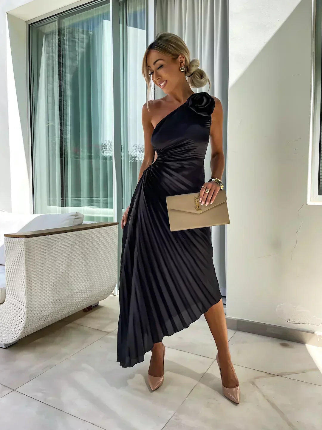 Guillemine pleated midi dress, off-shoulder, short sleeves