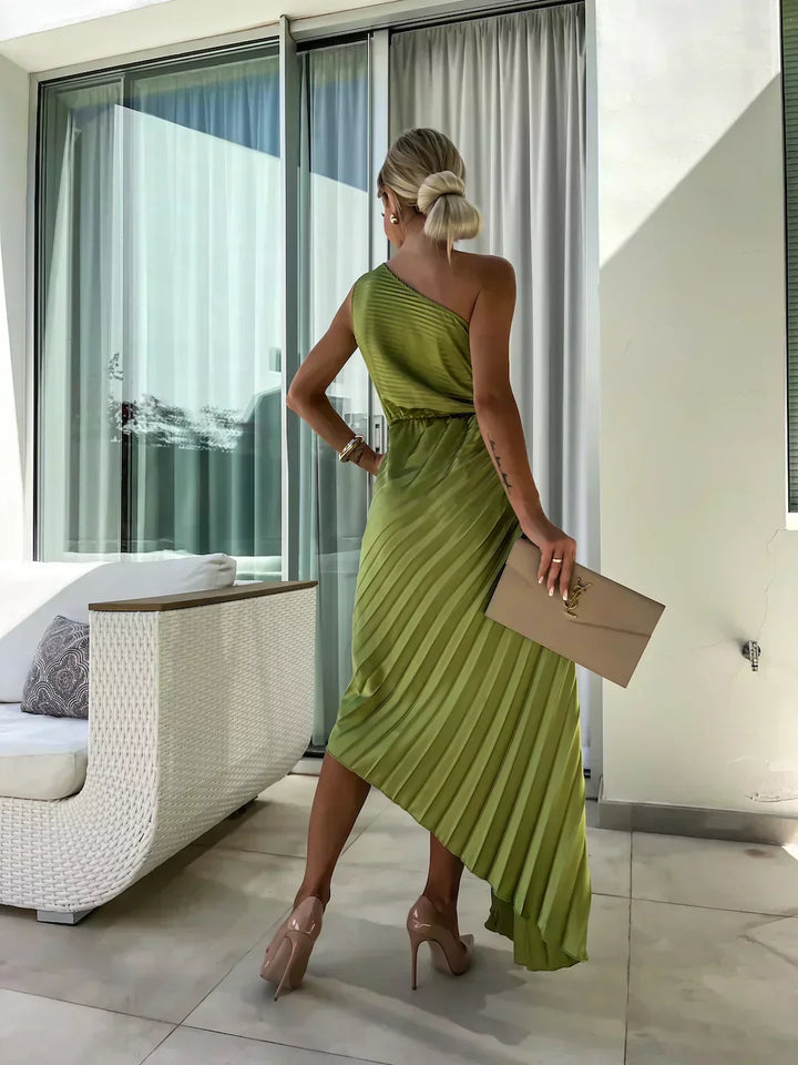 Guillemine pleated midi dress, off-shoulder, short sleeves