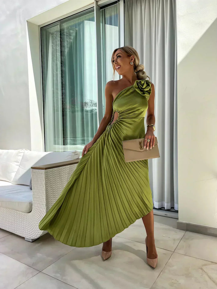 Guillemine pleated midi dress, off-shoulder, short sleeves
