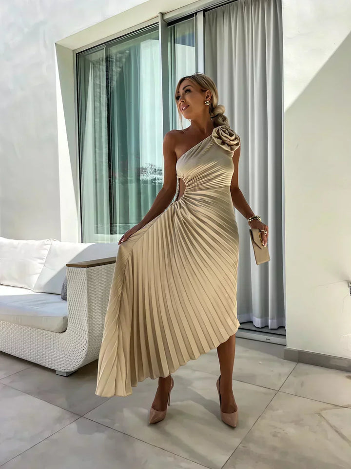 Guillemine pleated midi dress, off-shoulder, short sleeves