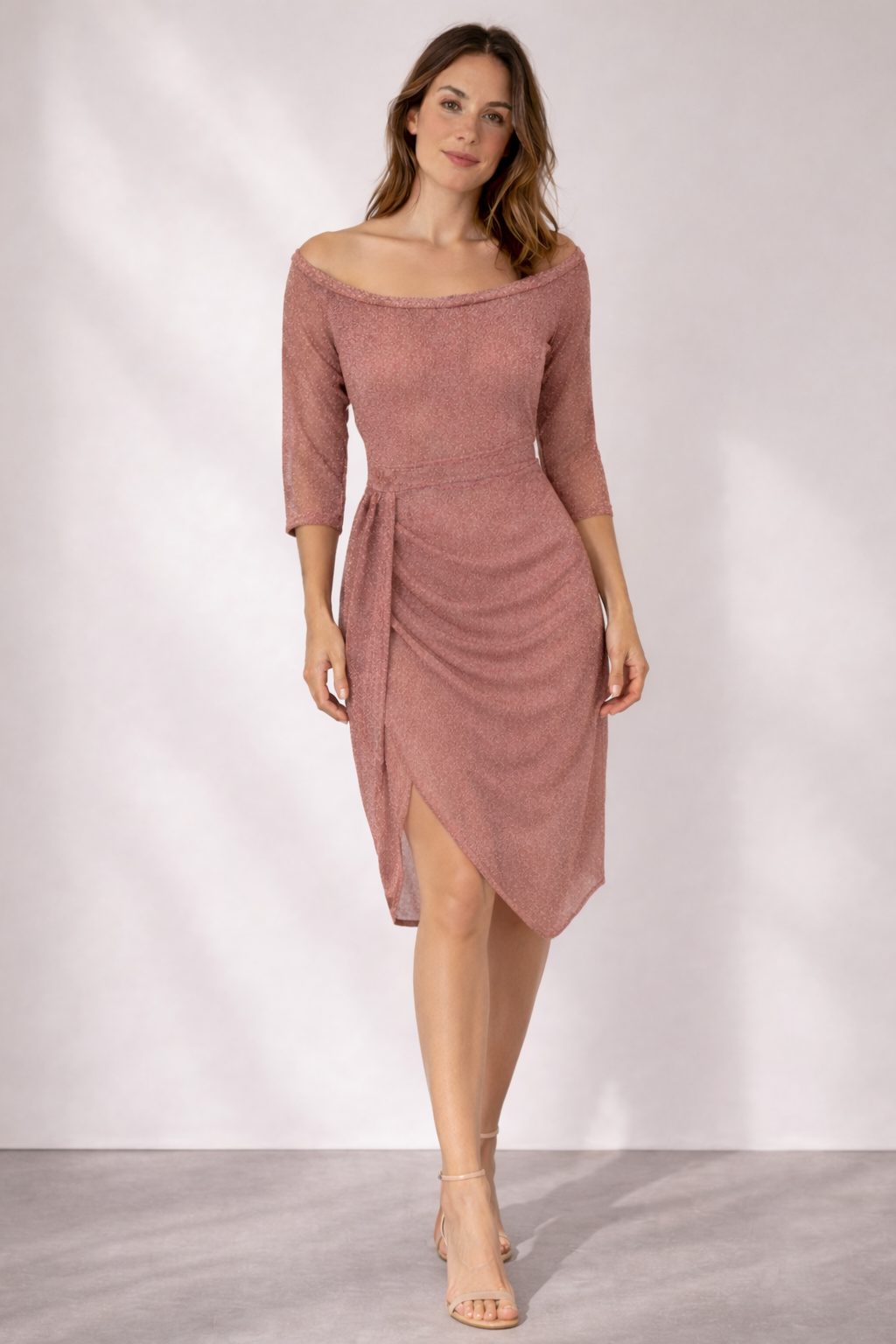 Letizia wrap midi dress, round neck, three-quarter sleeves