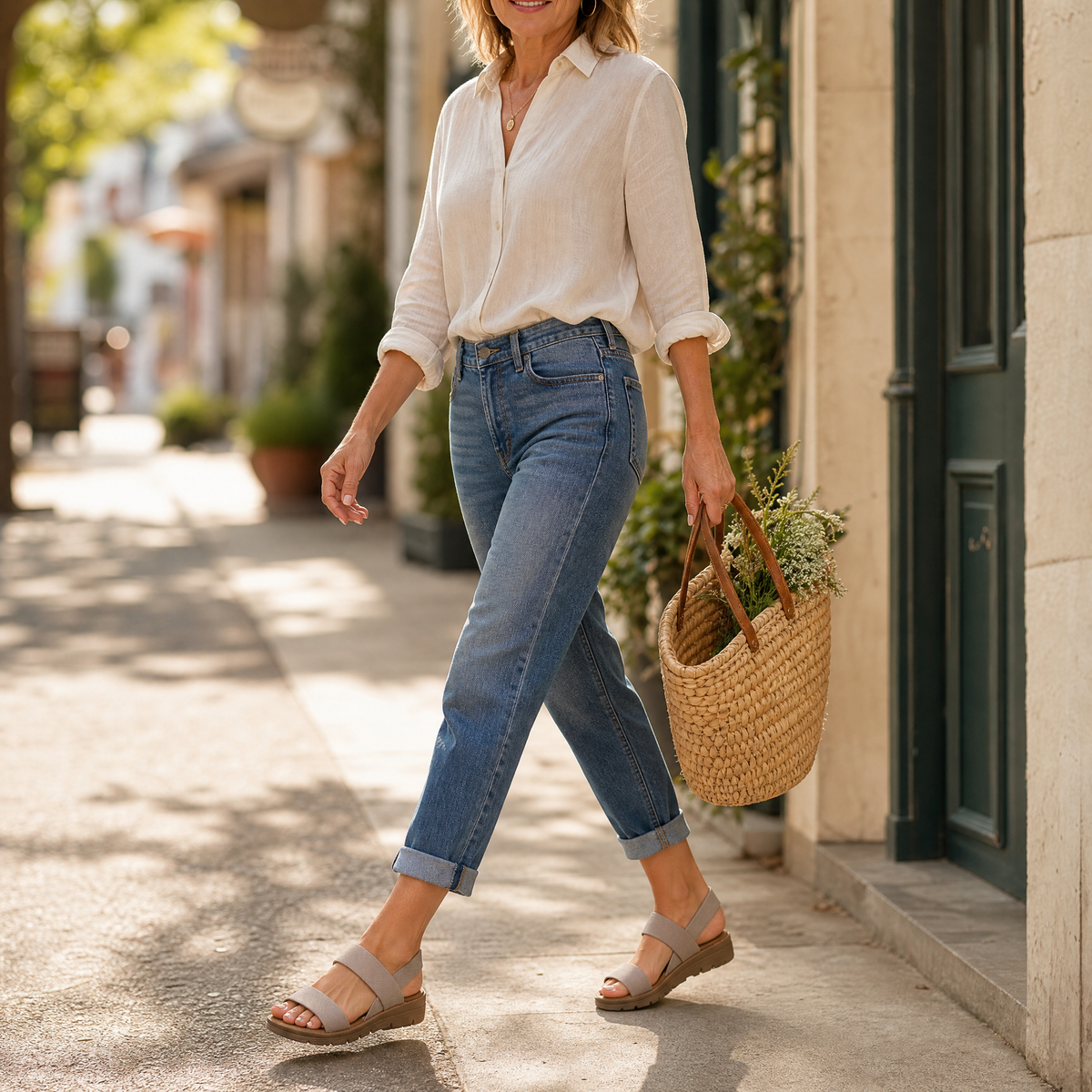 Women's open-toe walking sandals with three wide textured straps and flat soles