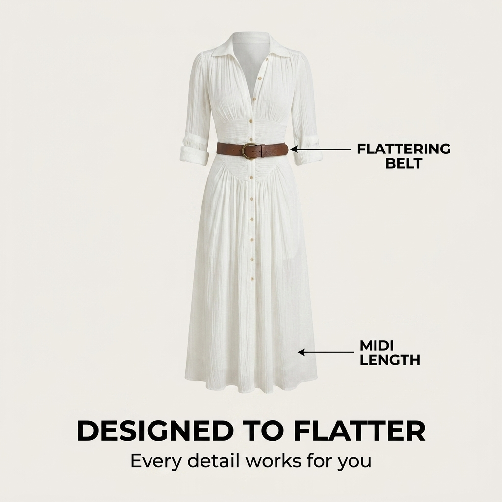 Delia | Women's Shirt Midi Dress, V-Neck, Short Sleeves