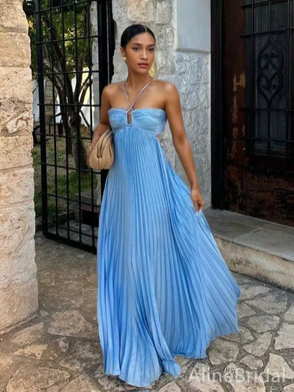 Gianna pleated maxi dress, halter neck, short sleeves