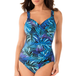 Women's blue leaf-print one-piece swimsuit with V-neckline and adjustable straps