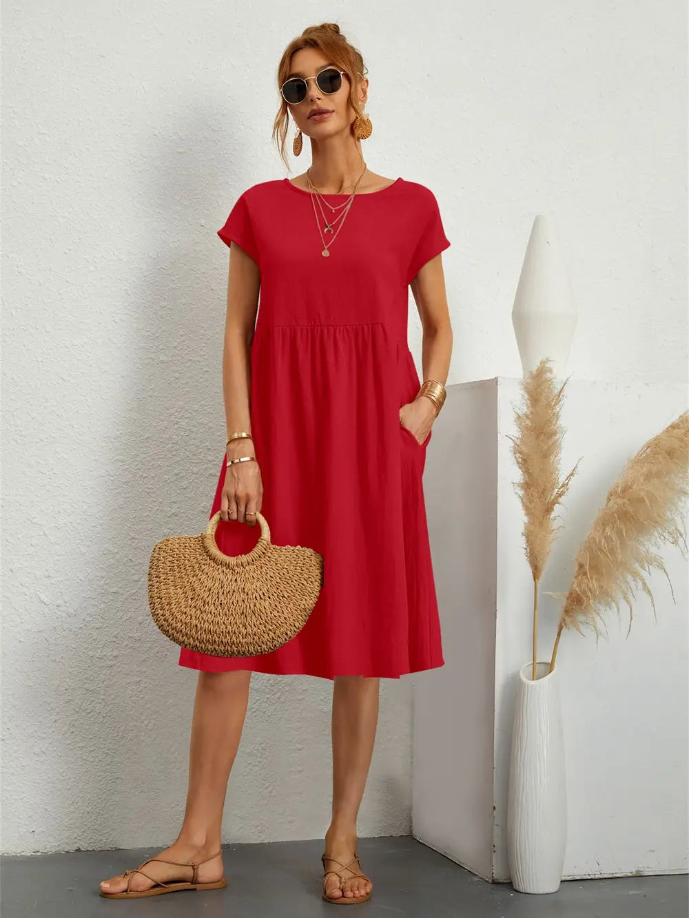 Celia | Women's A-Line Midi Dress, Round Neck, Short Sleeves, Pockets