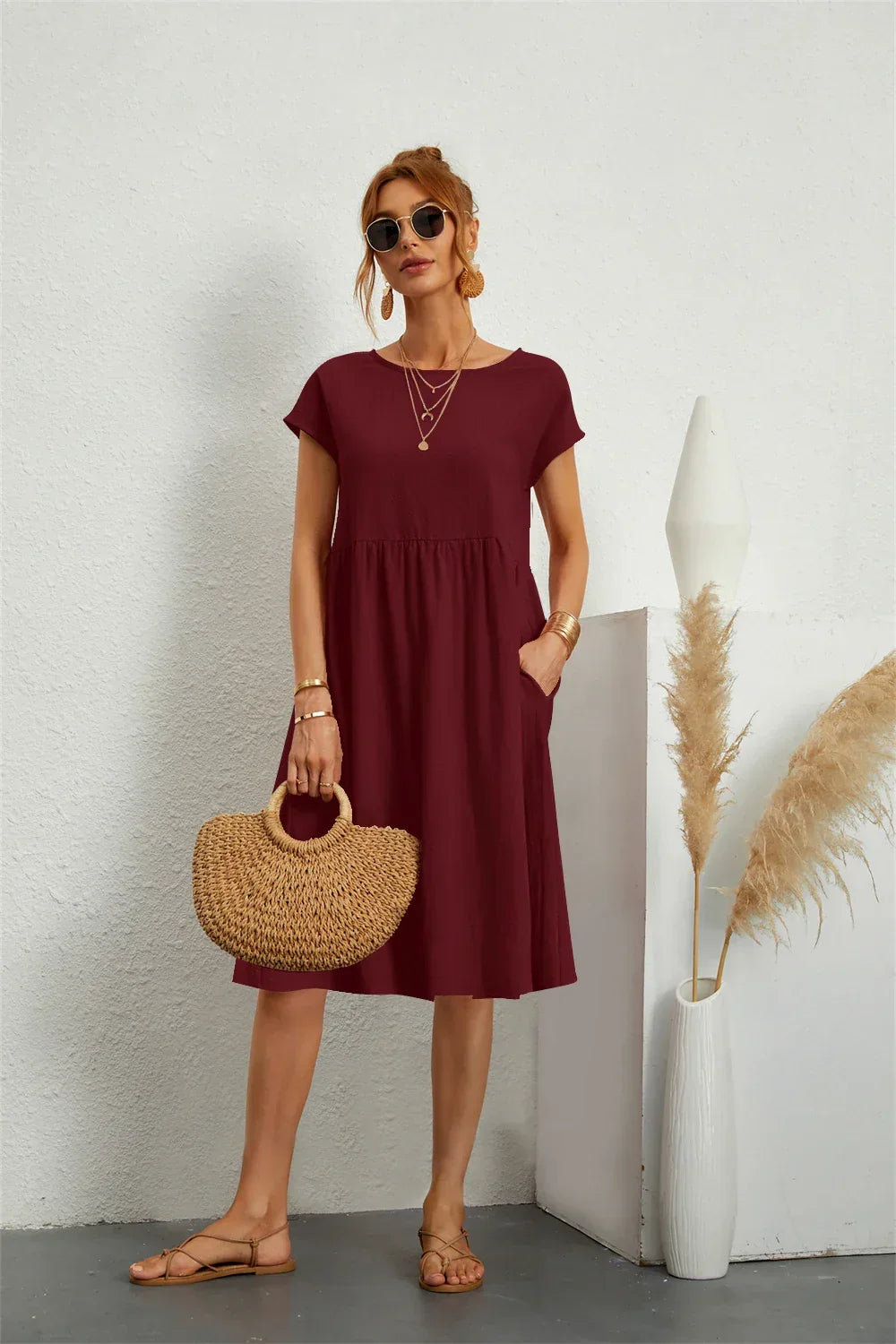 Celia | Women's A-Line Midi Dress, Round Neck, Short Sleeves, Pockets