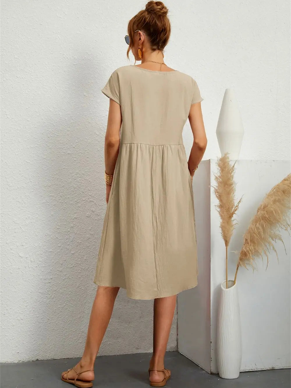 Celia | Women's A-Line Midi Dress, Round Neck, Short Sleeves, Pockets