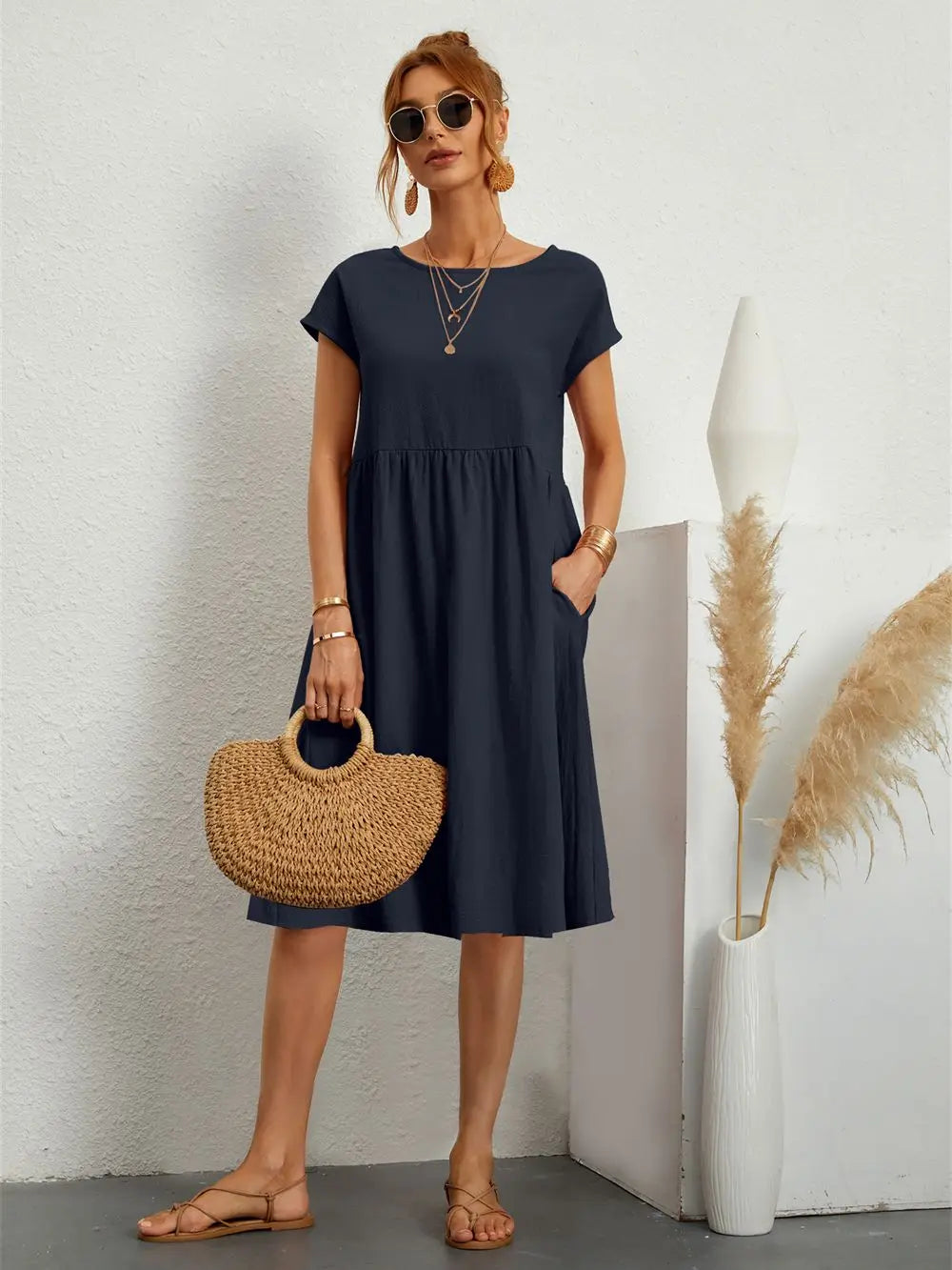 Celia | Women's A-Line Midi Dress, Round Neck, Short Sleeves, Pockets