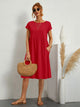 Aurelie | Women's Gathered-Waist A-Line Midi Dress, Round Neck, Short Sleeves, Pockets