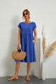 Aurelie | Women's Gathered-Waist A-Line Midi Dress, Round Neck, Short Sleeves, Pockets