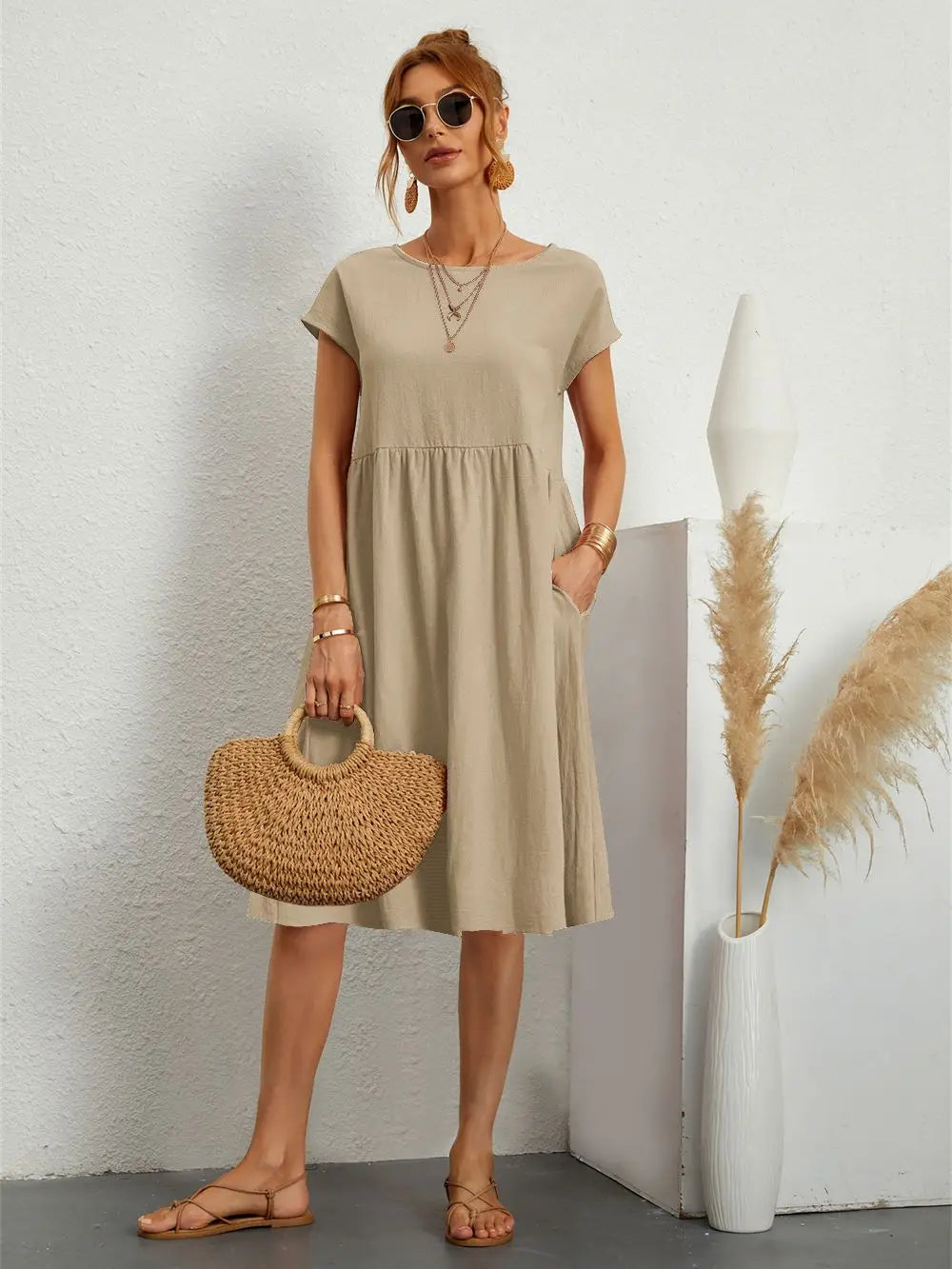 Celia | Women's A-Line Midi Dress, Round Neck, Short Sleeves, Pockets