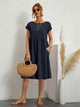 Aurelie | Women's Gathered-Waist A-Line Midi Dress, Round Neck, Short Sleeves, Pockets