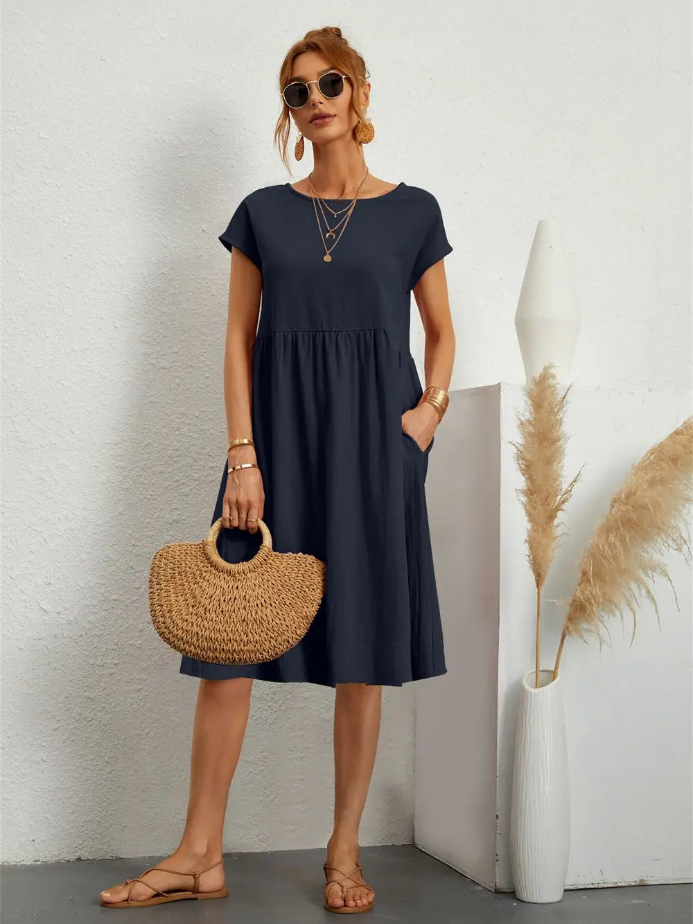 Celia | Women's A-Line Midi Dress, Round Neck, Short Sleeves, Pockets