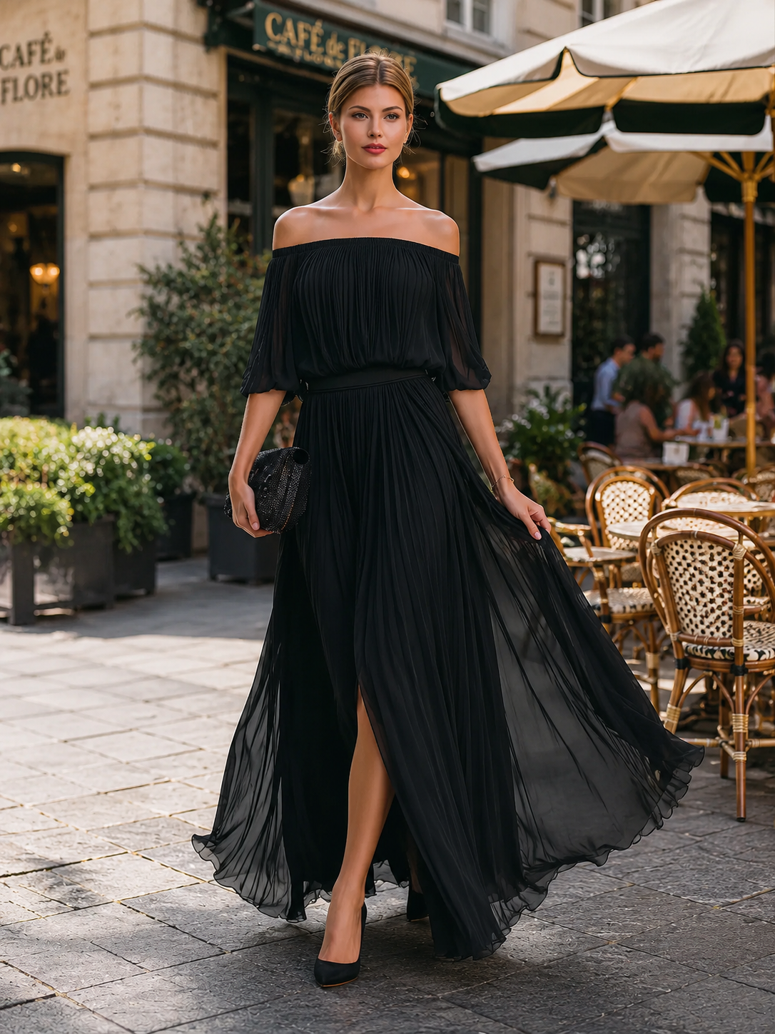 Women's pleated off-shoulder maxi dress with three-quarter balloon sleeves