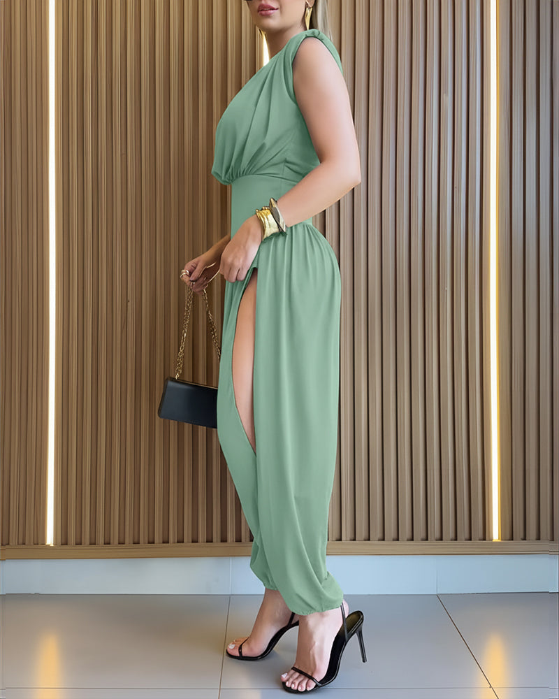 Opaline | Women's Sleeveless Jumpsuit, Padded Shoulders, Side Slit