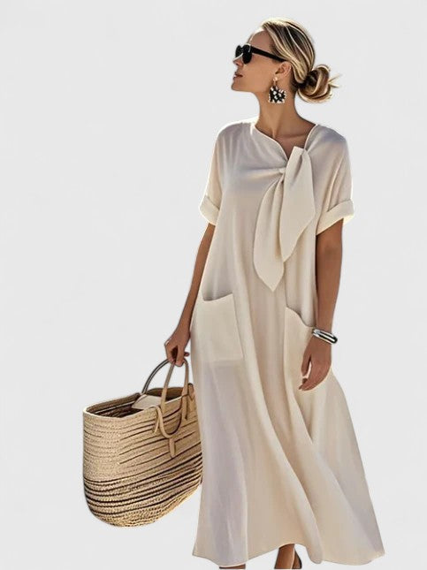 Ffion | Women's Relaxed Midi Dress, Round Neck, Short Sleeves, Pockets