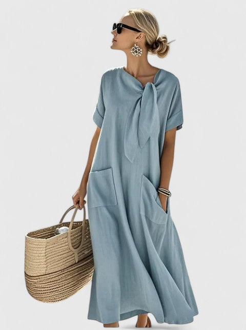 Ffion | Women's Relaxed Midi Dress, Round Neck, Short Sleeves, Pockets