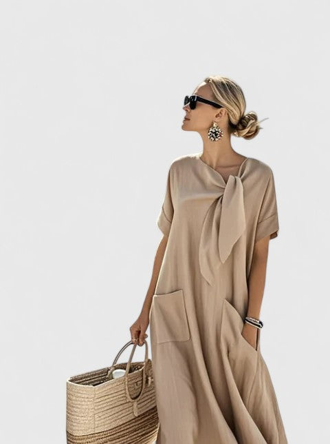 Ffion | Women's Relaxed Midi Dress, Round Neck, Short Sleeves, Pockets