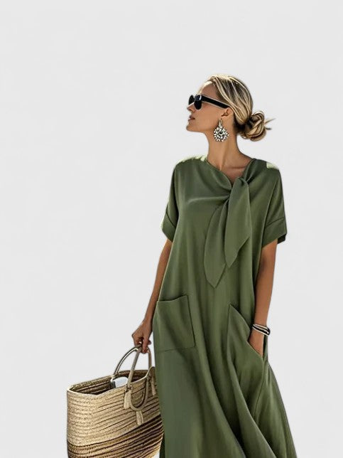 Ffion | Women's Relaxed Midi Dress, Round Neck, Short Sleeves, Pockets