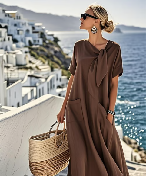 Leonarda maxi dress, round neck, short sleeves
