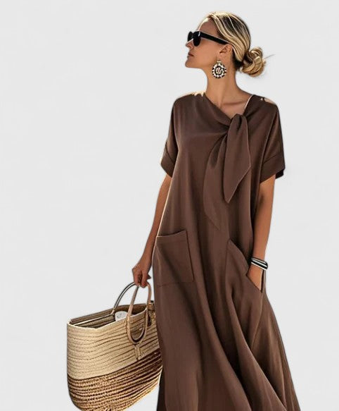Ffion | Women's Relaxed Midi Dress, Round Neck, Short Sleeves, Pockets