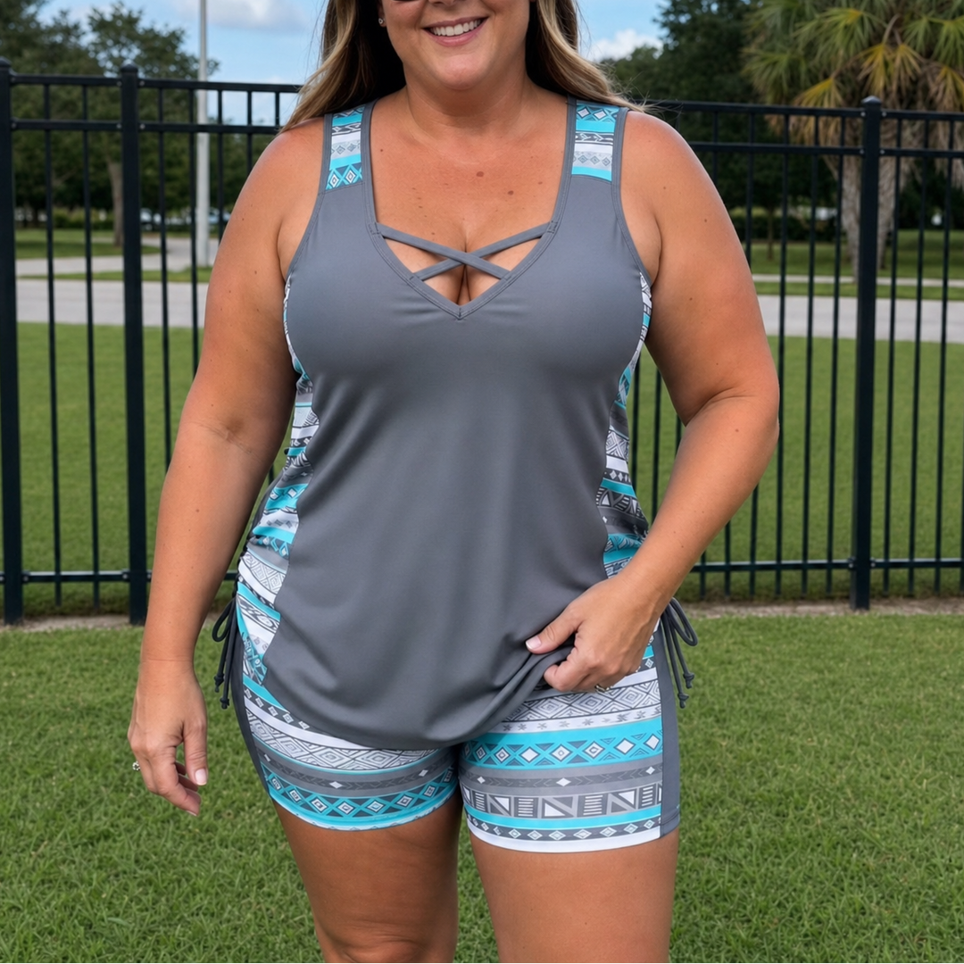 Women's tankini swimsuit set with side ties and patterned shorts