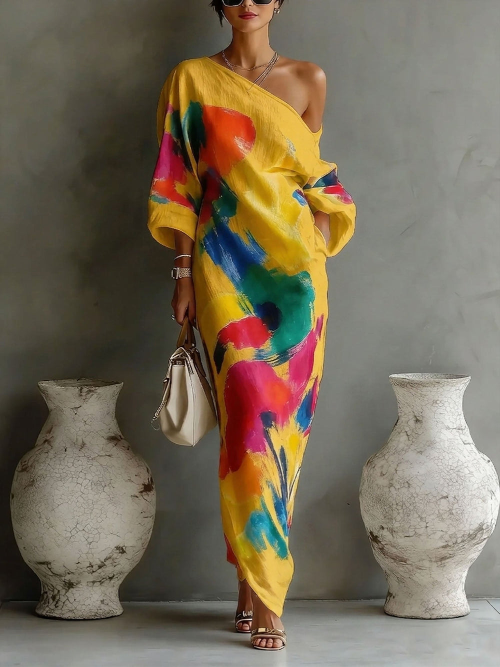 Norah | Women's Printed Maxi Dress, Off-Shoulder, Short Sleeves
