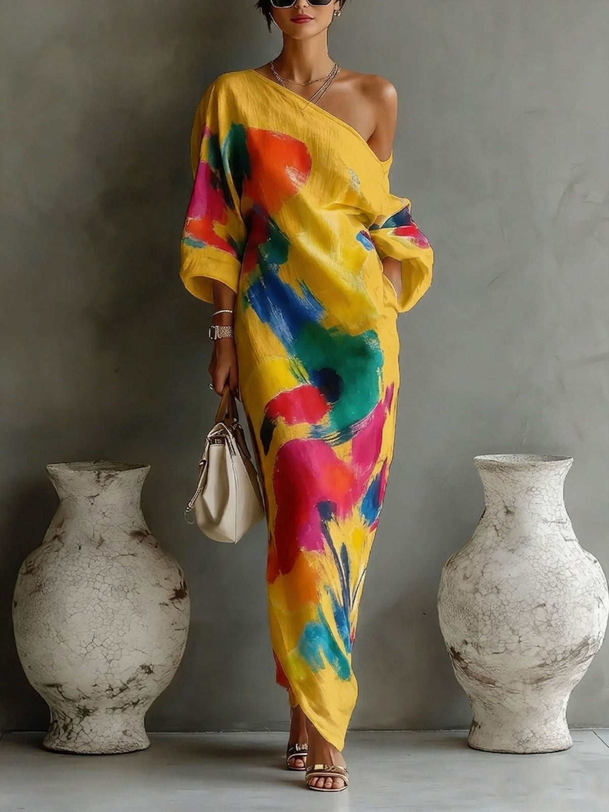 Norah | Women's Printed Maxi Dress, Off-Shoulder, Short Sleeves