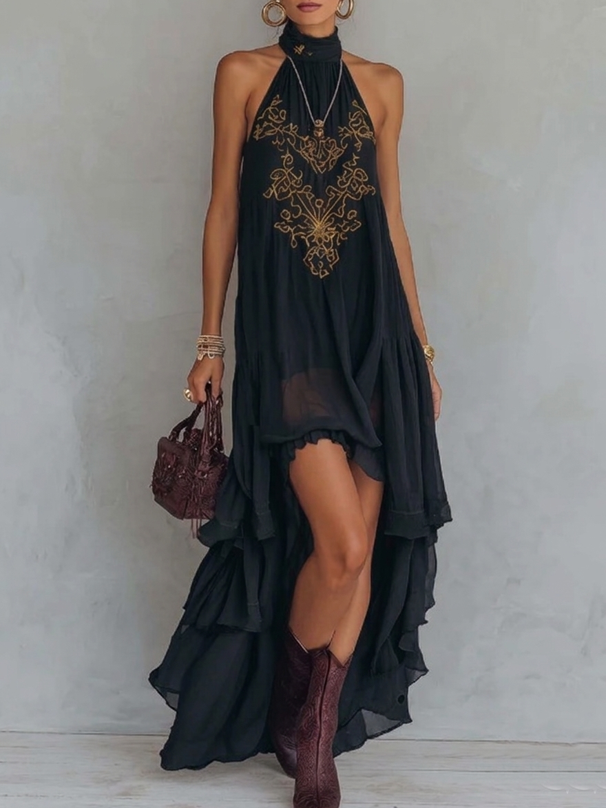 Lettice | Women's Ruffled Maxi Dress, Halter Neck, Short Sleeves