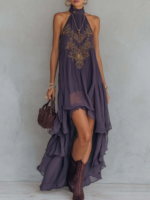 Lettice | Women's Ruffled Maxi Dress, Halter Neck, Short Sleeves