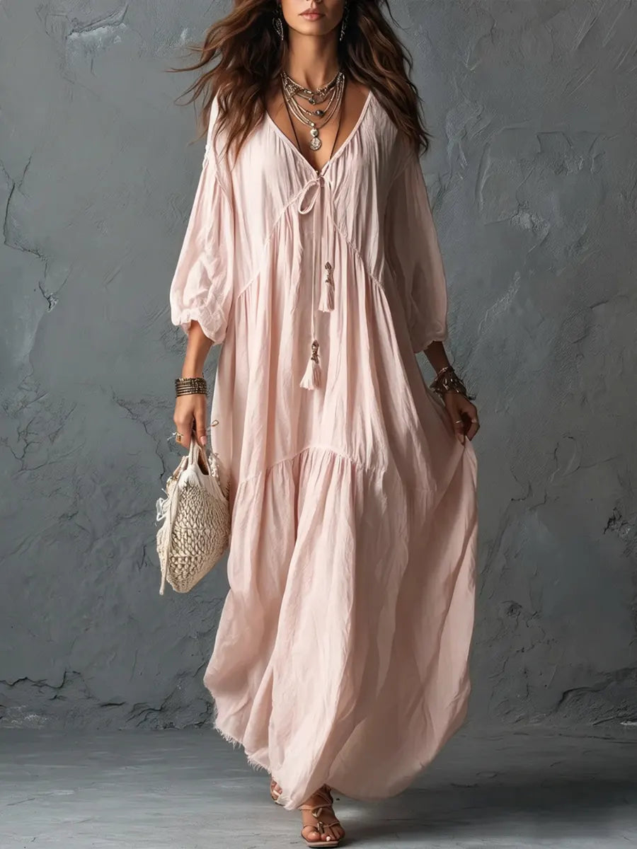 Tiphaine | Women's Bohemian Relaxed Maxi Dress, Round Neck, Short Sleeves