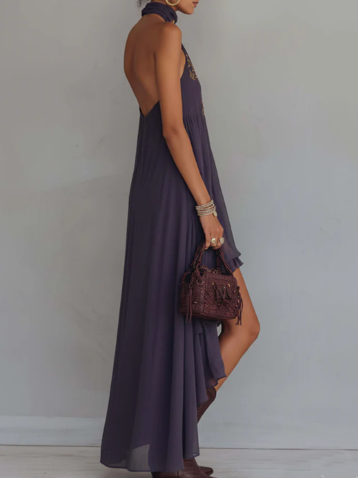 Lettice | Women's Ruffled Maxi Dress, Halter Neck, Short Sleeves