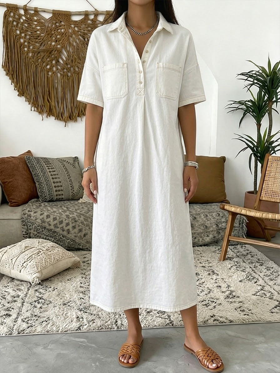 Galena | Women's Denim Midi Dress, Collared, Short Sleeves