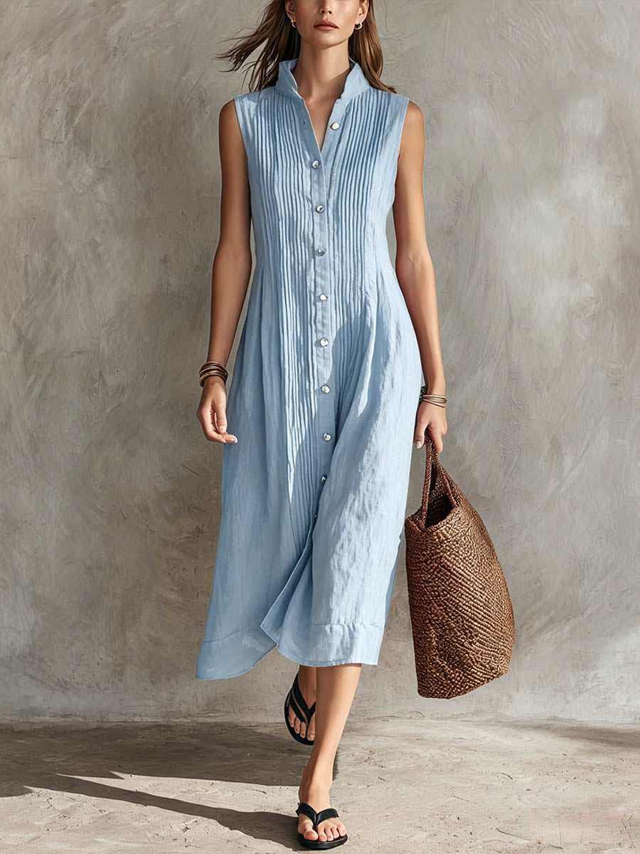 Guinevere | Women's Pleated Midi Dress, High Neck, Sleeveless