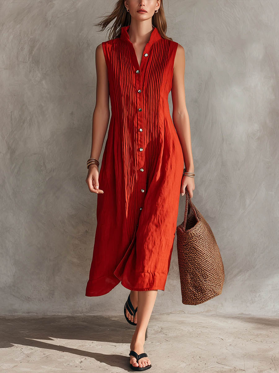 Guinevere | Women's Pleated Midi Dress, High Neck, Sleeveless