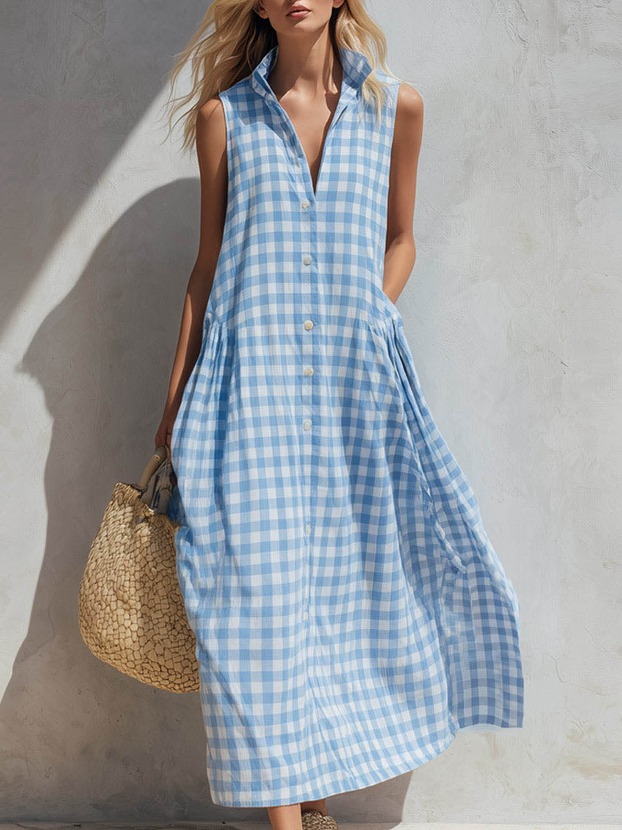 Melisande | Women's Plaid Relaxed Midi Dress, V-Neck, Sleeveless