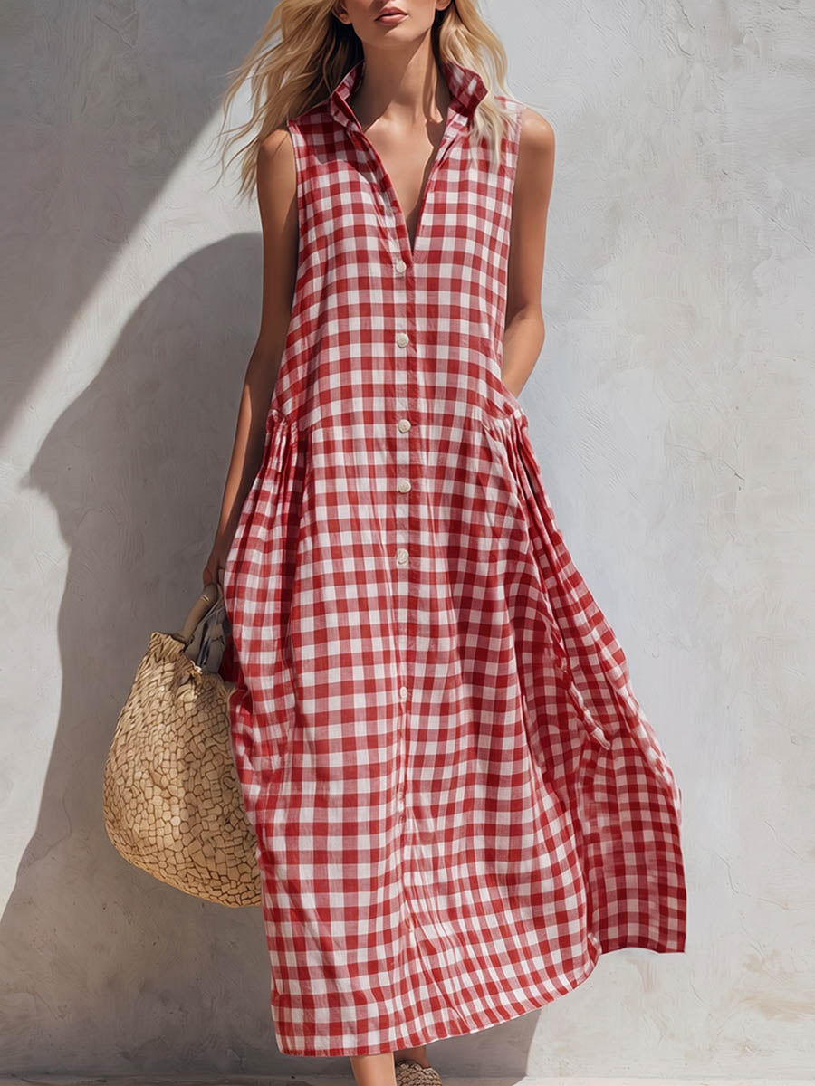 Melisande | Women's Plaid Relaxed Midi Dress, V-Neck, Sleeveless