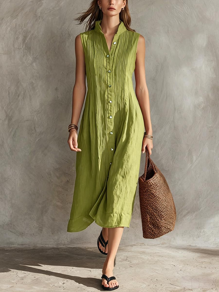 Guinevere | Women's Pleated Midi Dress, High Neck, Sleeveless