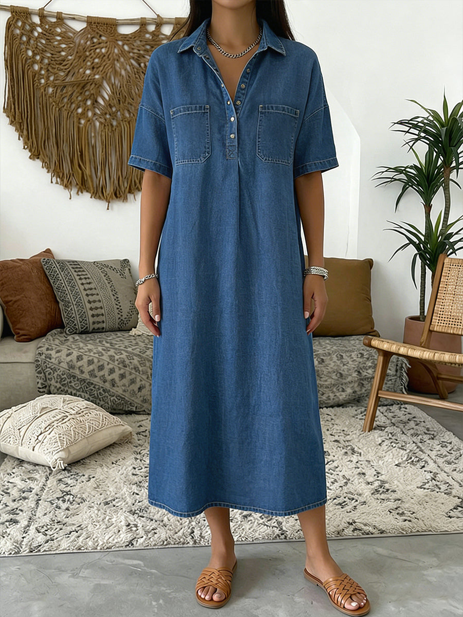 Galena | Women's Denim Midi Dress, Collared, Short Sleeves