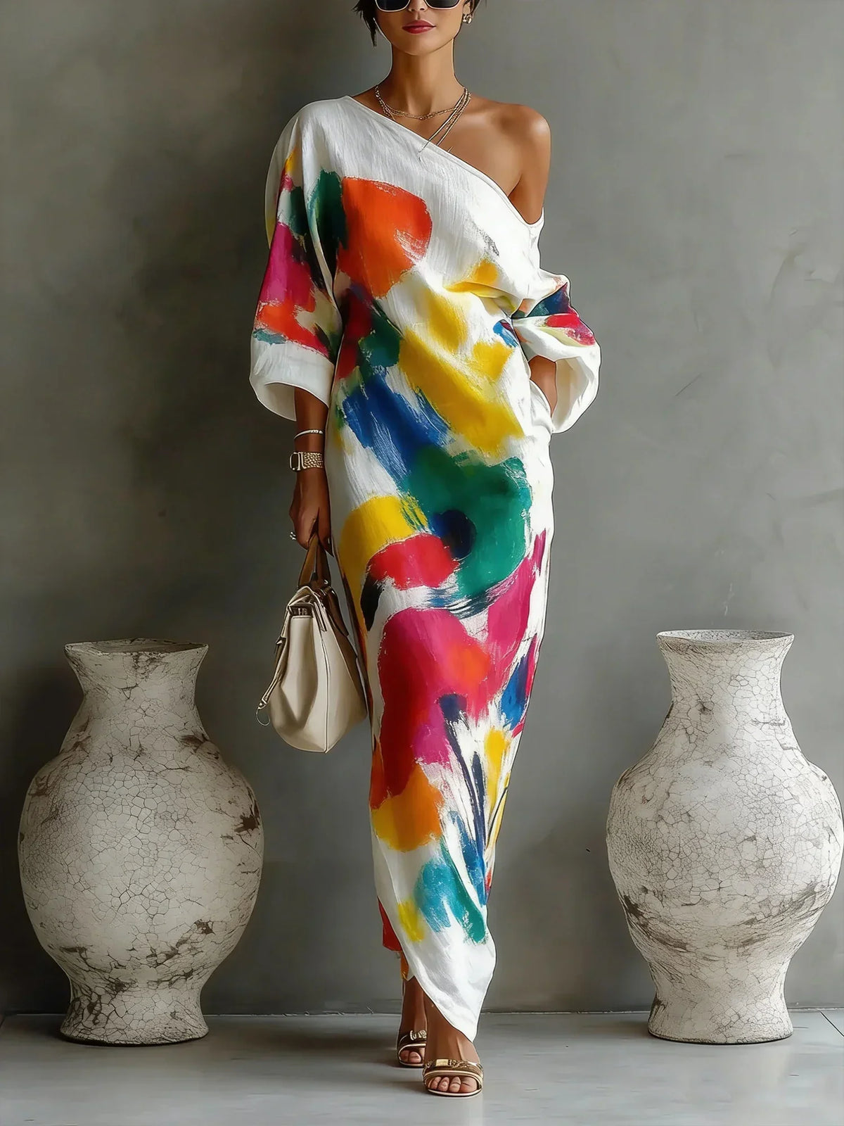 Norah | Women's Printed Maxi Dress, Off-Shoulder, Short Sleeves
