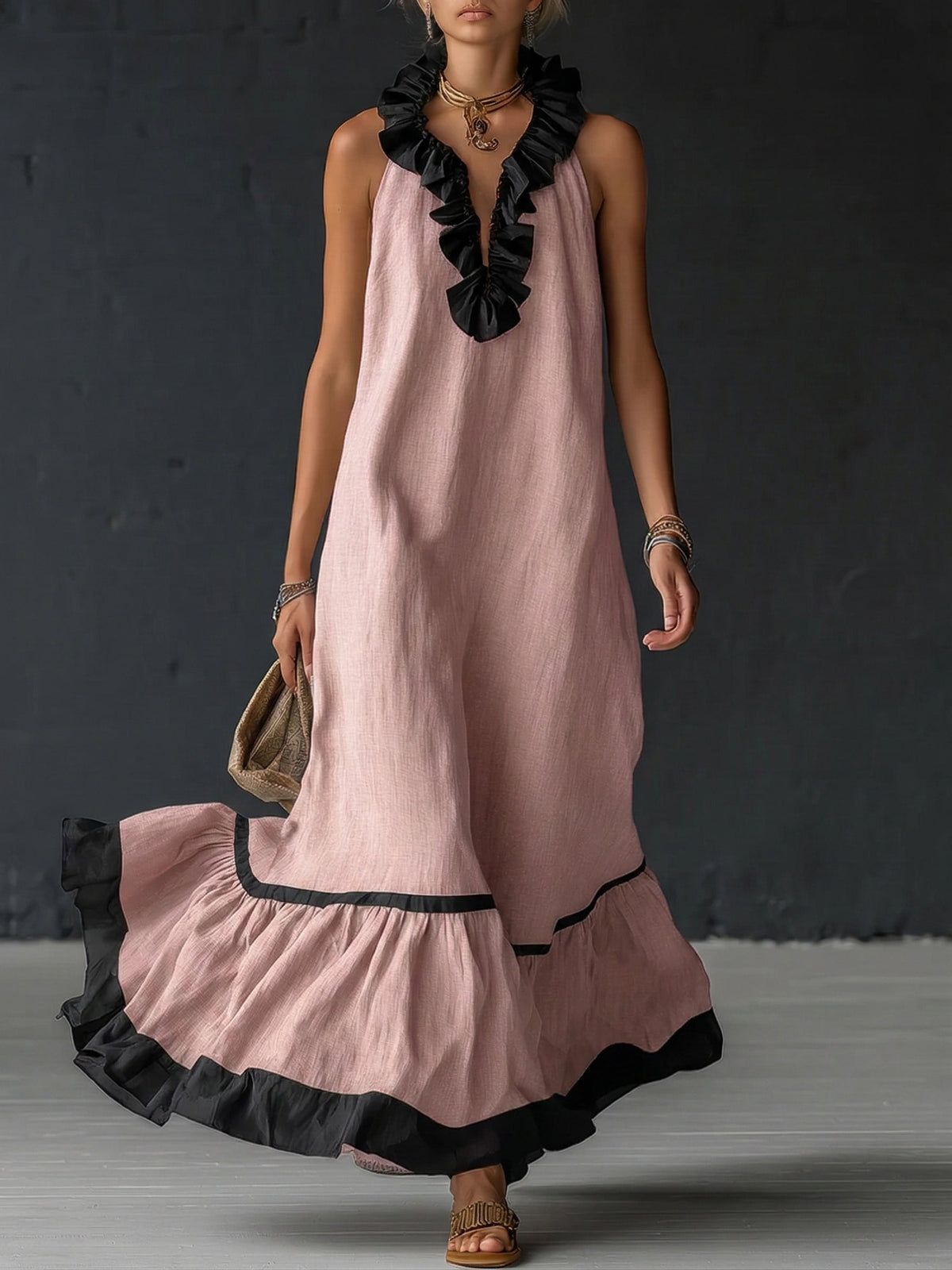 Emmerly | Women's Ruffled Maxi Dress, Round Neck, Short Sleeves