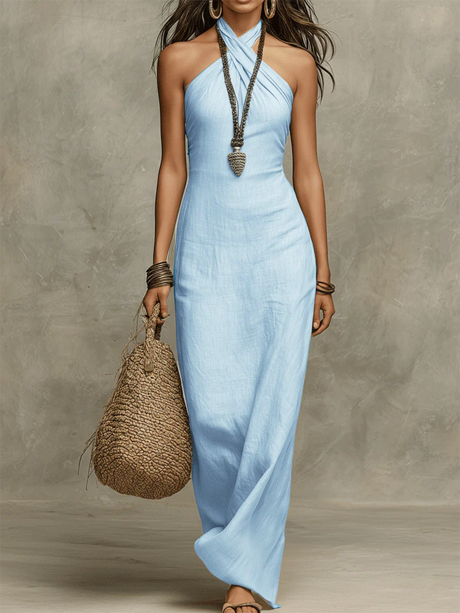 Mabel | Women's Maxi Dress, Halter Neck, Short Sleeves