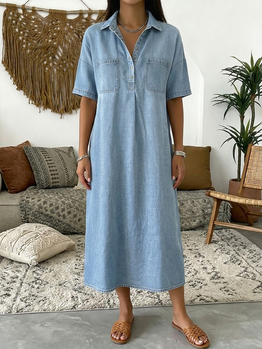 Galena | Women's Denim Midi Dress, Collared, Short Sleeves